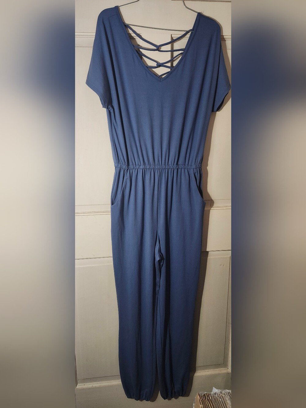 Versona Blue Gathered-Waist Short Sleeve Jumpsuit